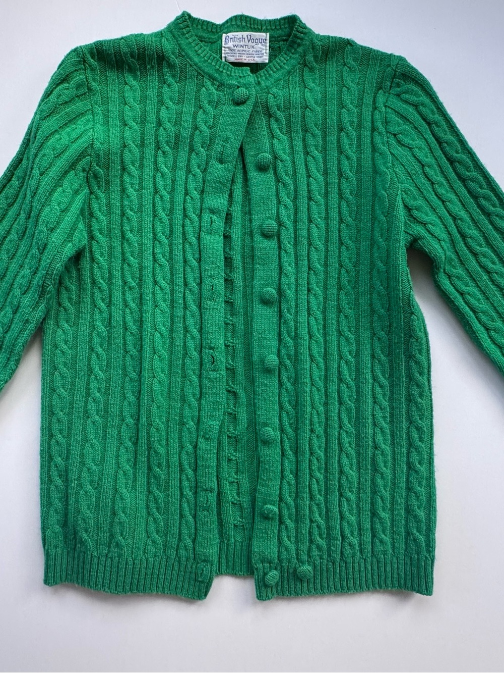 British Vogue Wintuk Green Cable-Knit Button Cardigan Vintage